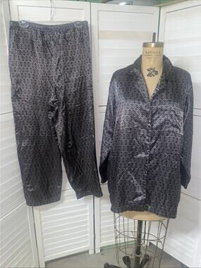 Allison Rhea Satin Pajama Set 2 Piece Pants Shirt Silver Black Sz Large